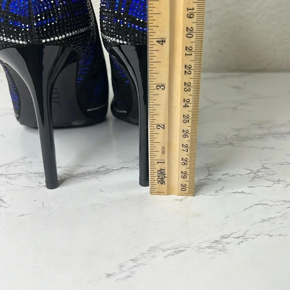 INC-  Blue Plaid Rhinestone Reisa Pointed Toe Stiletto Dress Booties - Picture 8 of 11